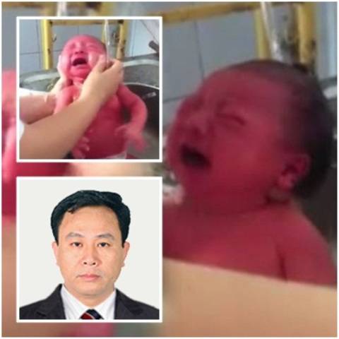 Giám đốc Bệnh viện Phụ sản Hải Phòng Vũ Văn Tâm (ảnh nhỏ) và hình ảnh tắm cho trẻ sơ sinh cắt từ clip.